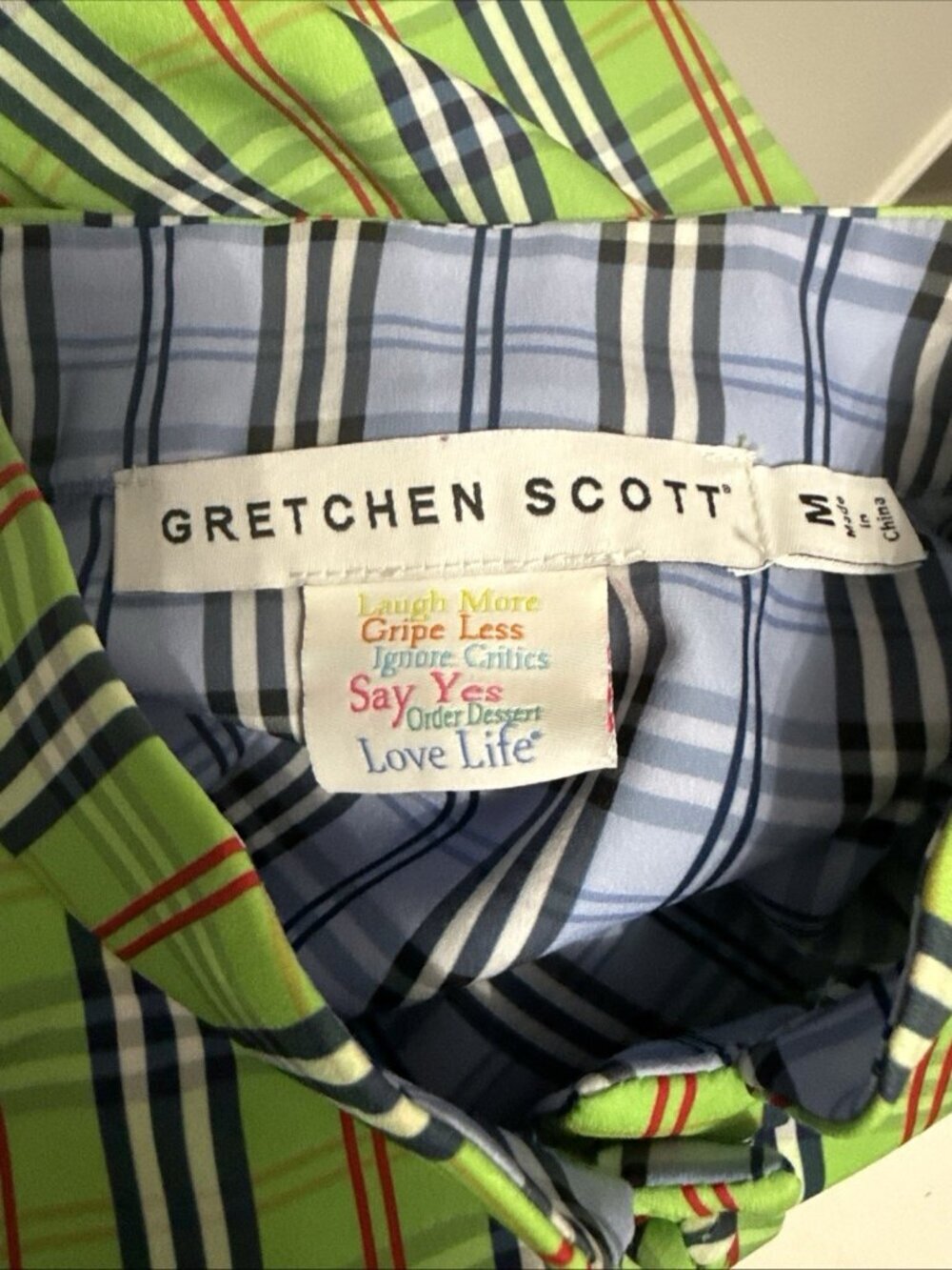 Gretchen Scott Green Plaid Mock Neck Button Front Blouse Size Medium 3/4 Sleeves - Picture 3 of 5